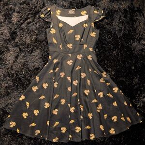 Black Strapless Fit-and-Flare Dress with Yellow Heart Print